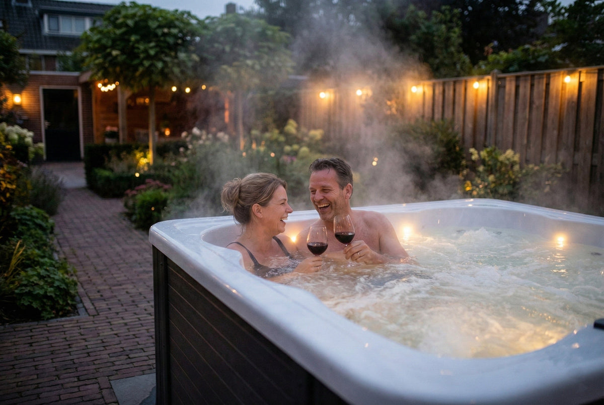 Twee mensen in een dampende jacuzzi in de tuin op een koude avond